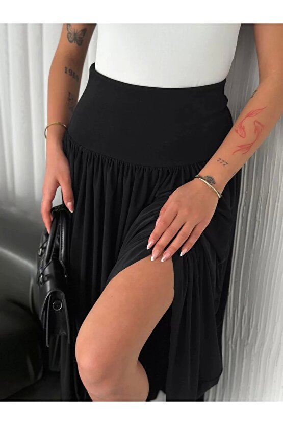 Sandy Uzun Beli Lastikli Yüksel Bel Etek Yazlık - Siyah