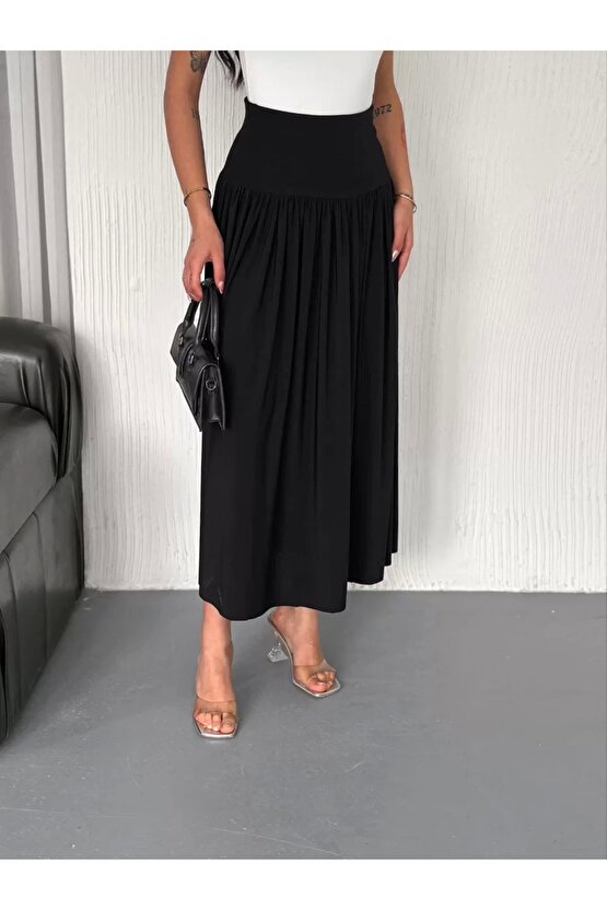 Sandy Uzun Beli Lastikli Yüksel Bel Etek Yazlık - Siyah
