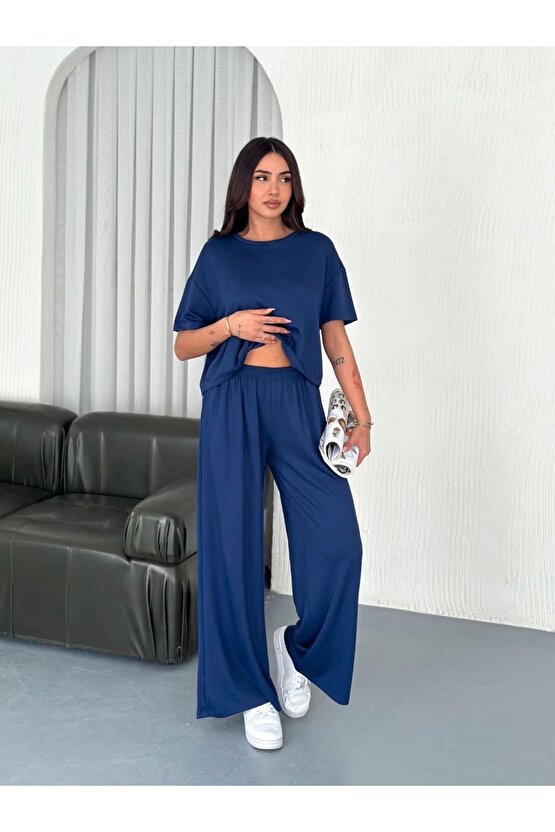 Osy Modal Yumuşak Dokulu Kumaş Bisiklet Yaka T-shirt Bol paça Pantalon ikili Takım -Saks Mavi