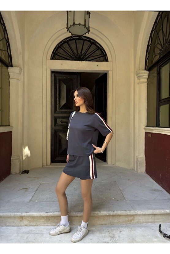 Osy Modal yumuşak dokulu Kumaş Kadın Parçalı Bisiklet Yaka T-shirt Mini Şortlu Etek İkili Takım - Fü