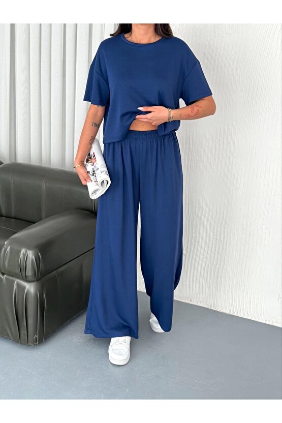 Osy Modal Yumuşak Dokulu Kumaş Bisiklet Yaka T-shirt Bol paça Pantalon ikili Takım -Saks Mavi