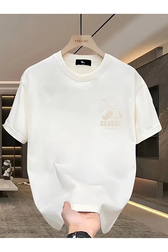 Geniş Kesim Pamuklu Tişört - GANDHI The Project Baskılı, Beyaz, Rahat Kesim, Kısa Kollu, Günlük Kı