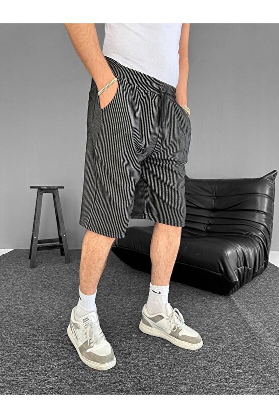 Su Yolu Çizgili Ön Arka Cepli Şort Yazlık Nefes Alabilir - Siyah