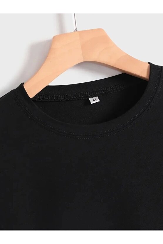 201 Penye Compack Baskılı Oversize Kısa Kol Bisiklet Yaka T-shirt - Siyah