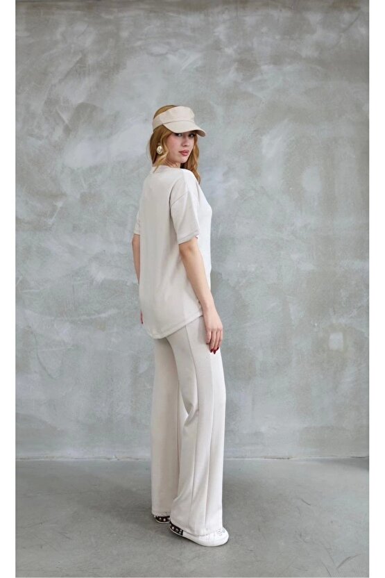 Osy Modal Yumuşak dokulu Kumaş Bisiklet Yaka Taş detaylı Kısa Kollu Takım - Kırık Beyaz