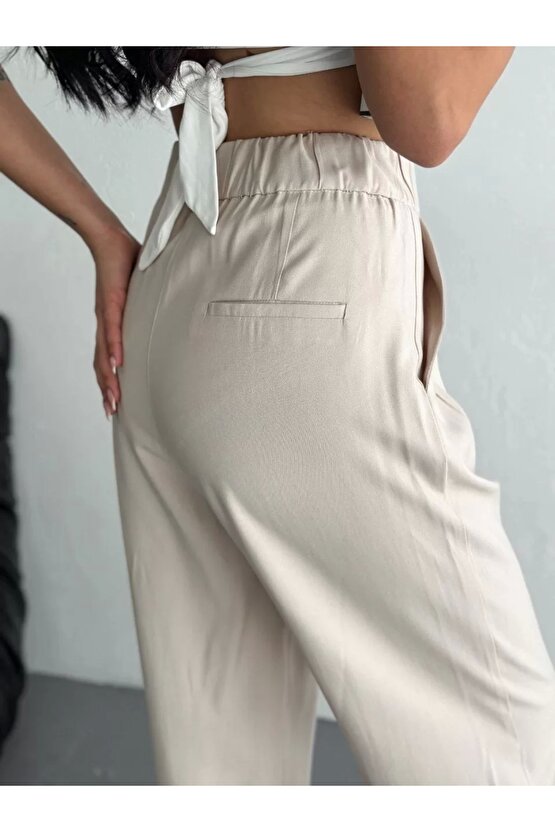 Kadın Yüksel Bel Beli Bağcıklı Rahat Boru Paça Pantalon - Kırık Beyaz