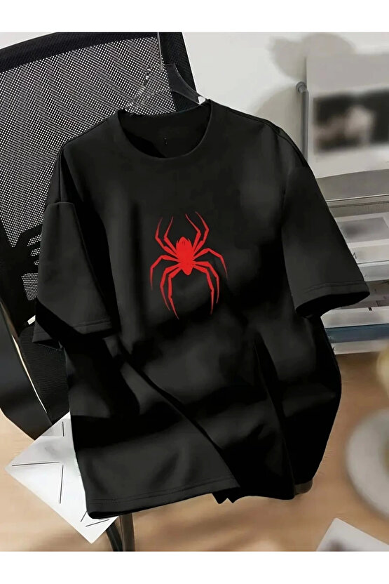 201 Penye Compack Spider Baskılı Oversize Unisex Kısa Kol Yazlık T-shirt - Siyah
