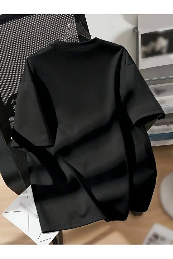 201 Penye Compack Spider Baskılı Oversize Unisex Kısa Kol Yazlık T-shirt - Siyah