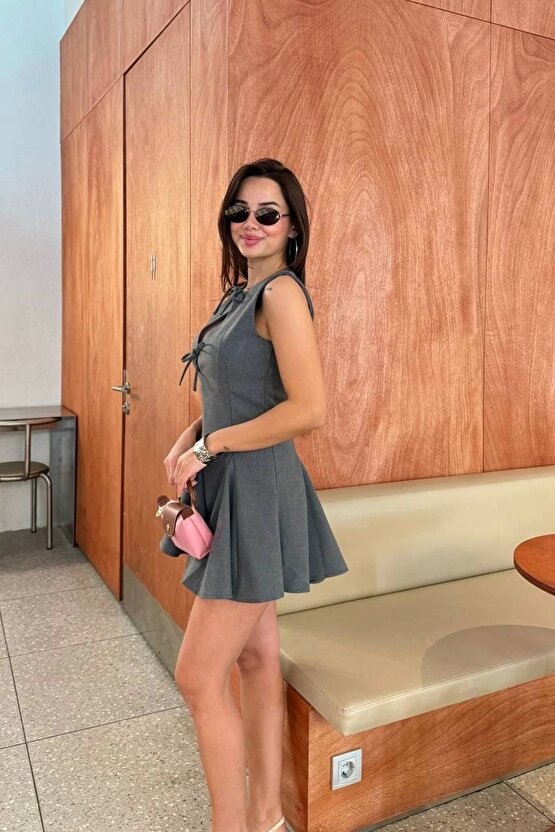 Bağcık detaylı Kolsuz Mini Elbise - Antrasit