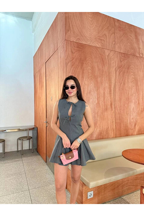 Bağcık detaylı Kolsuz Mini Elbise - Antrasit