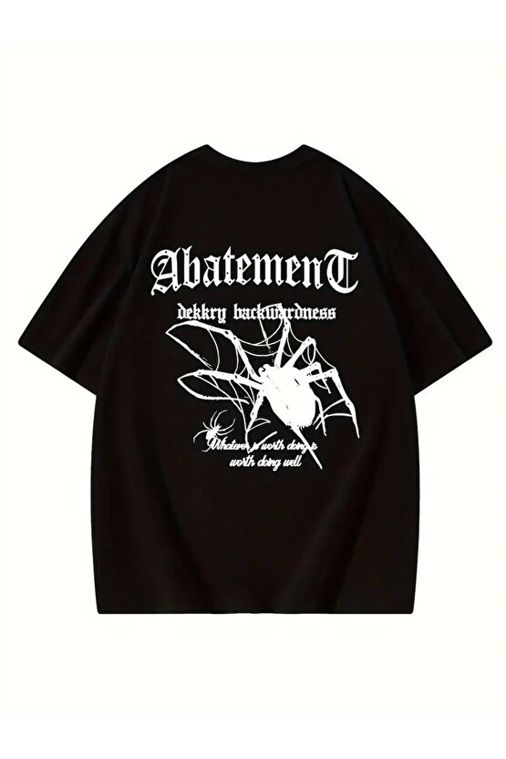 Örümcek Ağı Desenli Baskılı Oversize Bisiklet Yaka T-shirt - Siyah
