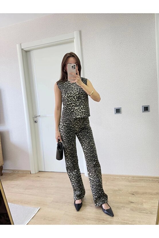 leopar desenli Düğmeli Bluzlu Pantolon İkili Takım -Leopar