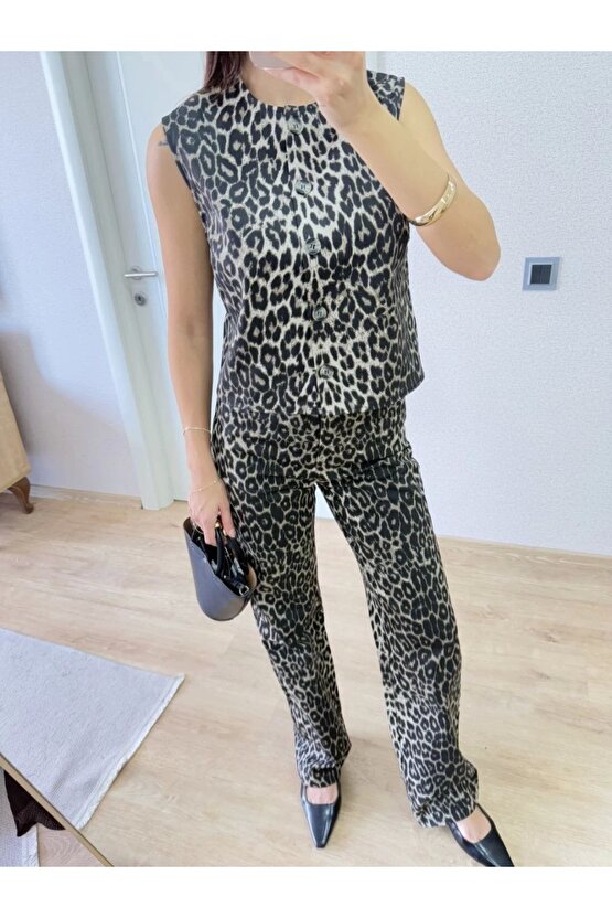 leopar desenli Düğmeli Bluzlu Pantolon İkili Takım -Leopar