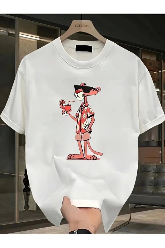 Pembe Panter Baskılı Erkek Oversize Günlük Kısa Kollu Tişört İlkbahar ve Yaz için Mükemmeldir - Beya