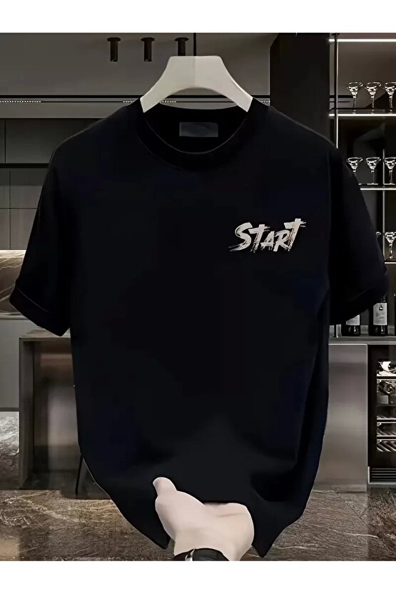 201 Penye Compack Start All Over Baskılı Oversize Bisiklet Yaka Kısa Kol T-shirt - Siyah