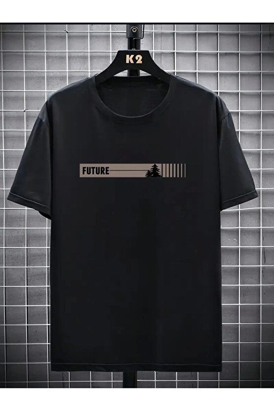 201 Penye Compack FUTRE Baskılı Oversize Kısa Kol Bisiklet Yaka T-shirt - Siyah