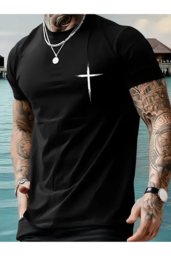 201 Penye Compack Baskılı Oversize Bisiklet Yaka Kısa Kol T-shirt - Siyah