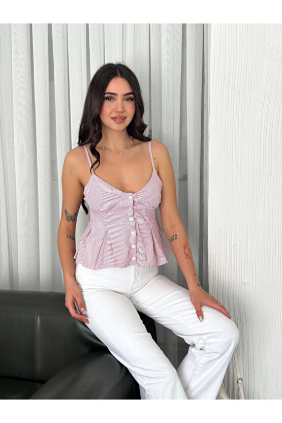 Askılı Dekolte Deraylı Crop - Kırmızı