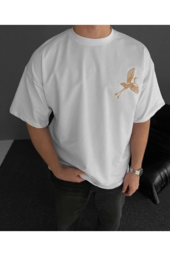 Ön ve Arka Baskılı Oversize Bisiklet Yaka T-shirt - Beyaz