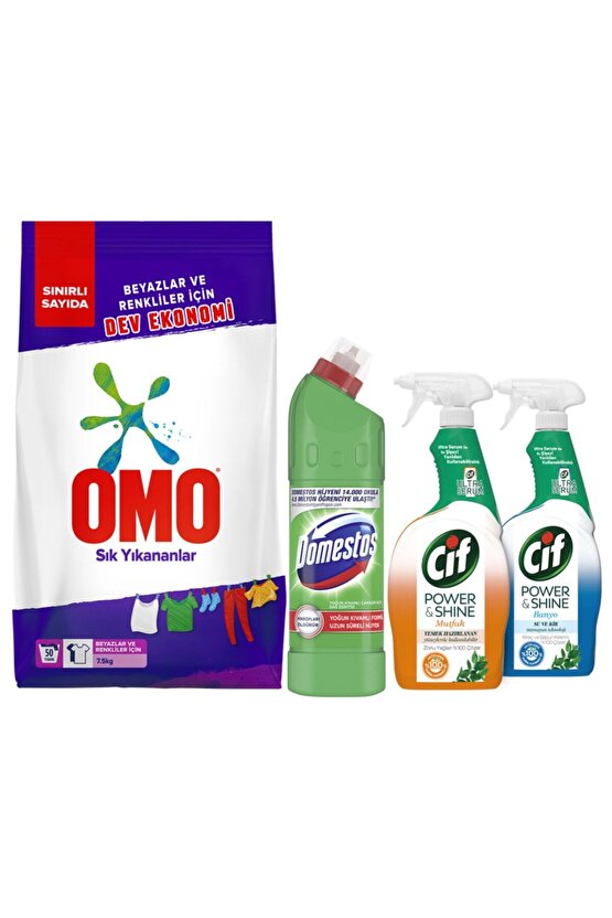 Toz Deterjan 7.5 kg Domestos Dağ Esintisi 750 ml Cif Power & Shine Banyo + Mutfak Sprey 750ml