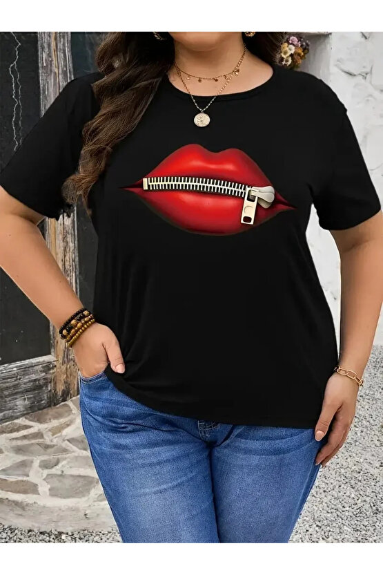 Velmora Premium fermuar dudak baskılı tişört bisiklet yaka kısa kollu tişört - Siyah -VLMR