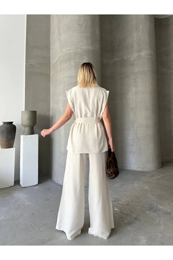 Keten Sıfır Kol Kuşaklı Ceket Pantolon ikili Takım - Beyaz
