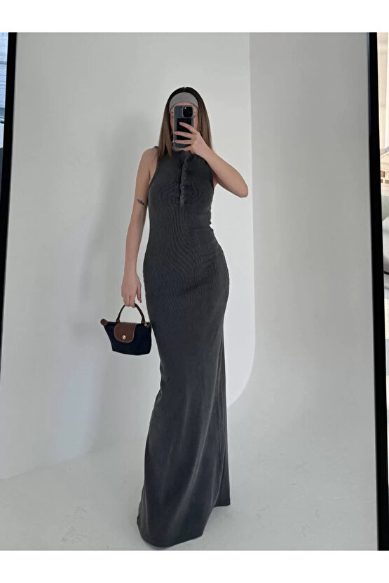 Yırtmaç Detaylı Kolsuz Düğmeli Yıkamalı Uzun Elbise - Antrasit