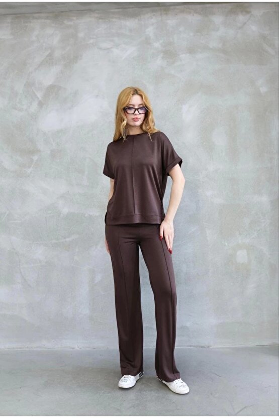 Osy Modal Yumuşak dokulu Kumaş Bisiklet Yaka Kısa Kollu Takım - Kahverengi