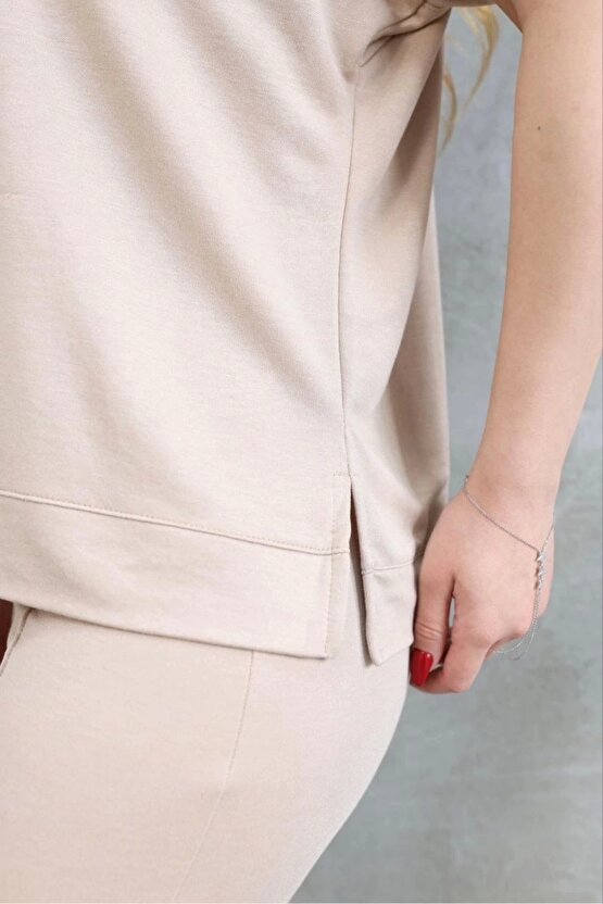 Osy Modal Yumuşak dokulu Kumaş Bisiklet Yaka Kısa Kollu Takım - Bej