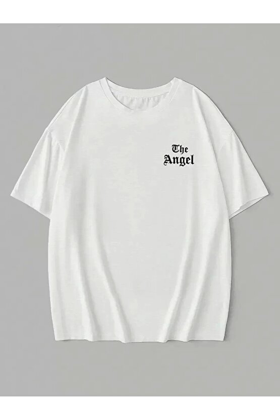 201 Penye Compack Dark Angel Baskılı Oversize Kısa Kol Yazlık T-shirt- Beyaz