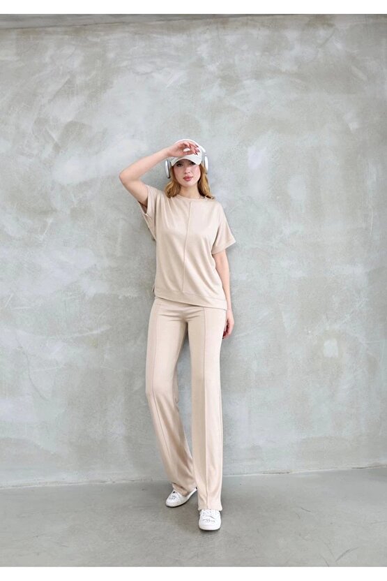 Osy Modal Yumuşak dokulu Kumaş Bisiklet Yaka Kısa Kollu Takım - Bej