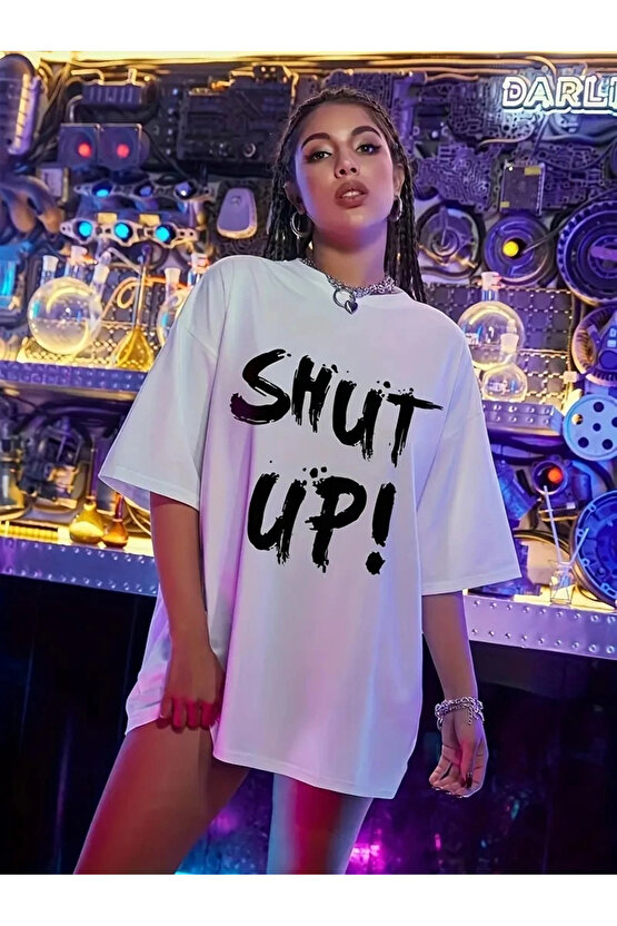 201 Penye Compack Oversize Beyaz Shut Up Kısa Kol Yazlık Tişört - Beyaz