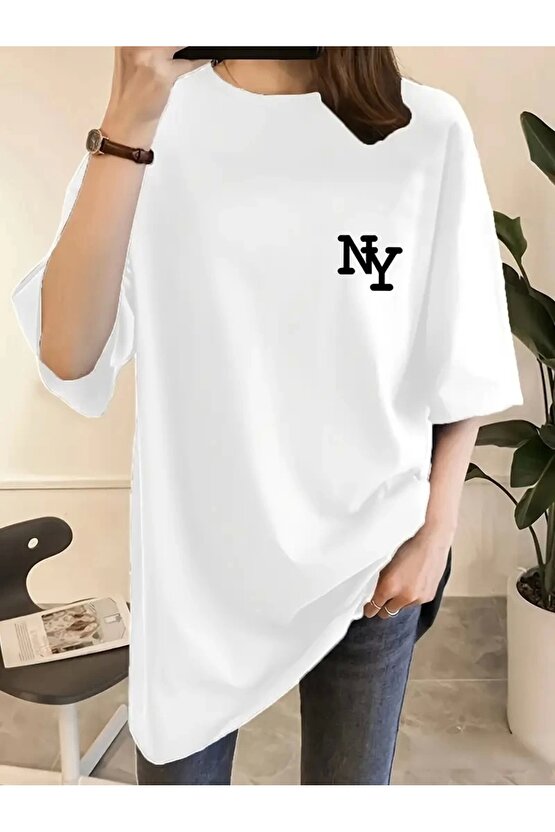 Kadın Eğlenceli Harf NY Baskılı Bisiklet Yaka Tişört - Rahat Polyester, Makinede Yıkanabilir - Yaz v