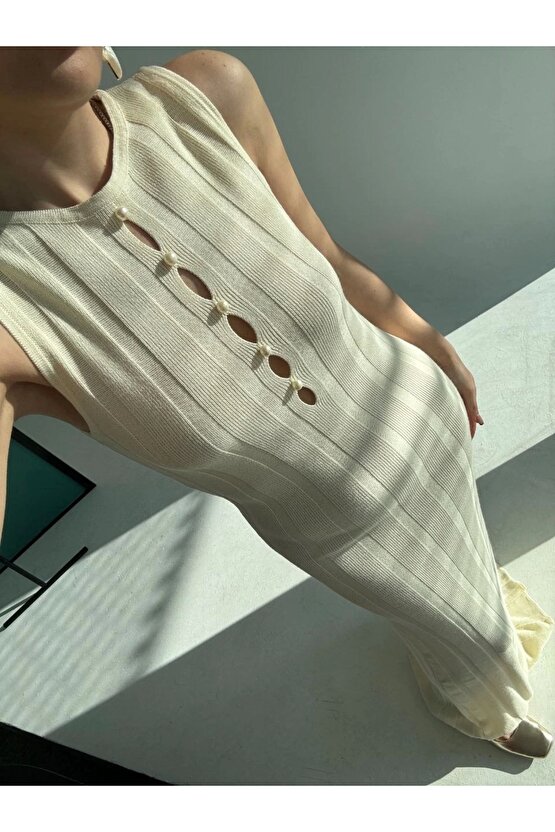 Kalın Fitilli Uzun Triko Elbise - Kırık Beyaz