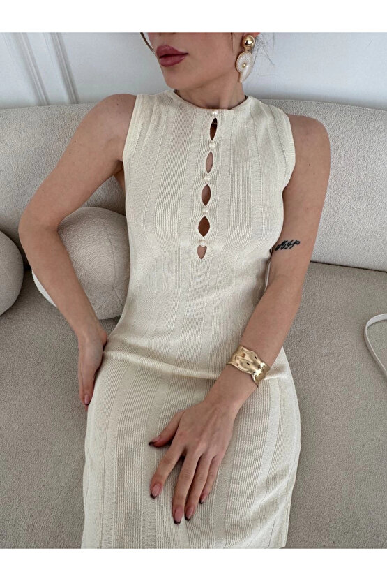 Kalın Fitilli Uzun Triko Elbise - Kırık Beyaz