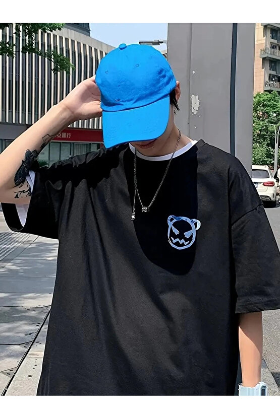 201 Penye Compack Bisiklet Yaka Kore tarzı sevimli ayı baskı Kısa Kol Erkek t-shirt - Siyah