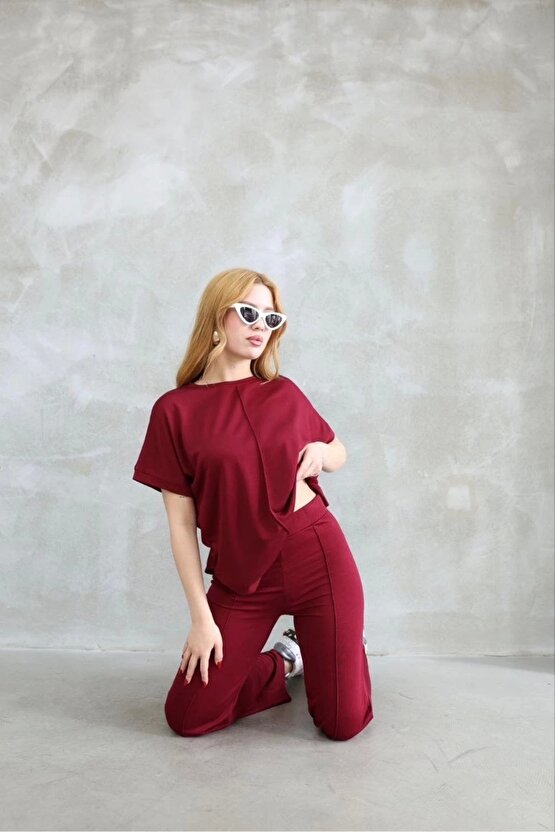 Osy Modal Yumuşak dokulu Kumaş Bisiklet Yaka Kısa Kollu Takım - Bordo