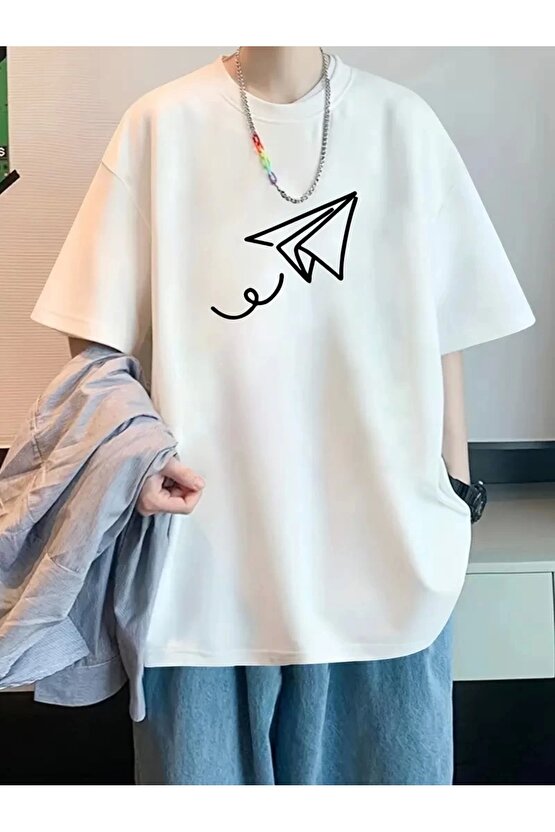 201 Penye Compack Uçak Baskılı Oversize Bisiklet Yaka Kısa Kol T-shirt - Beyaz