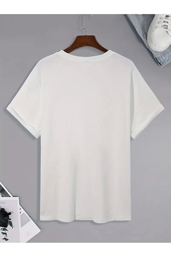 201 Penye Compack Uçak Baskılı Oversize Bisiklet Yaka Kısa Kol T-shirt - Beyaz