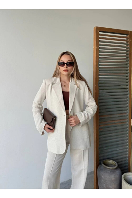 Keten Ceket Pantolon Ikili Takım - Beyaz