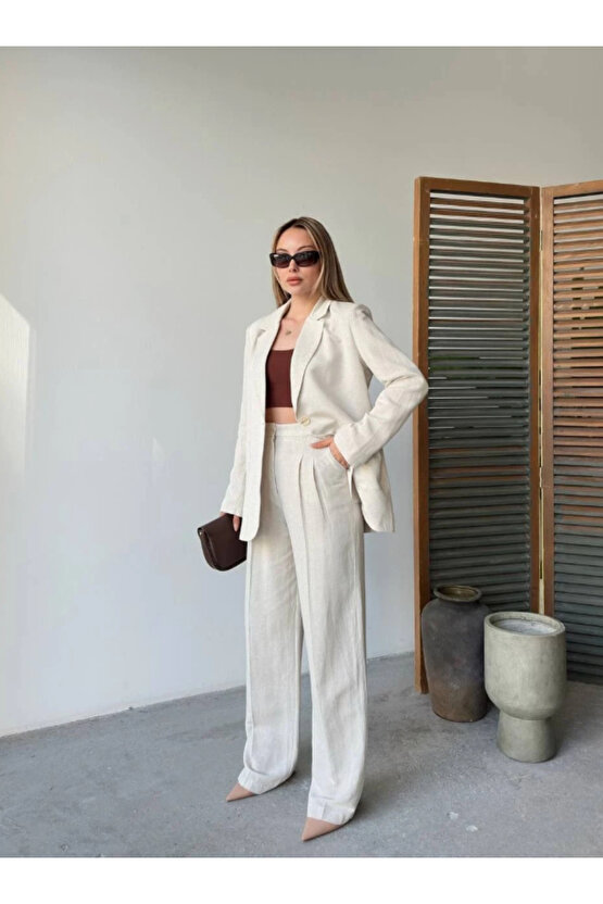 Keten Ceket Pantolon Ikili Takım - Beyaz