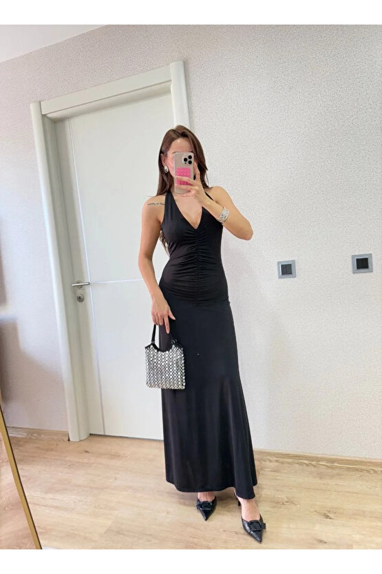 Sırt Dekolteli Uzun Kollu Elbise - Siyah
