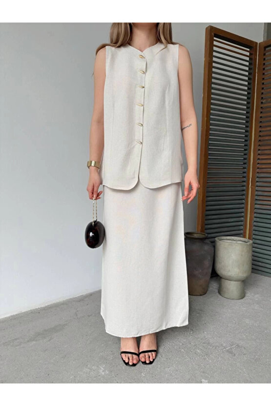 Keten Kolsuz Sıfır Yaka İlik Düğmeli Kolsuz Hırka Etek ikili Takım- Beyaz