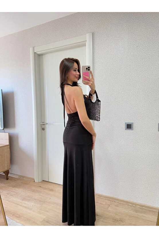 Sırt Dekolteli Uzun Kollu Elbise - Siyah