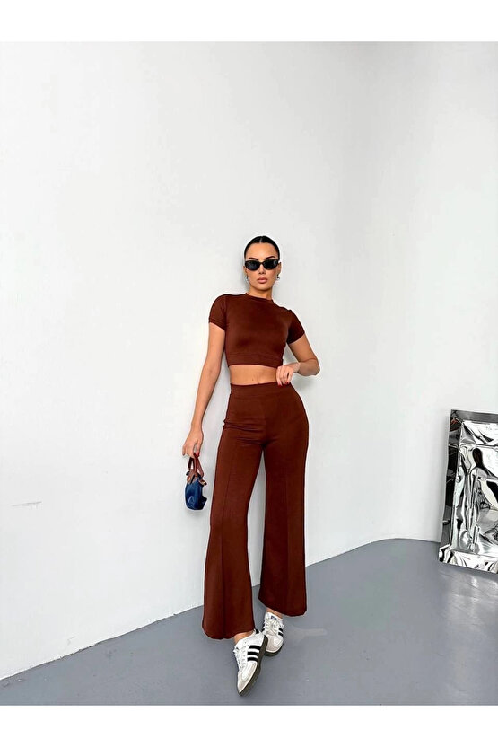 Osy Modal Yumuşak Dokulu Kumaş Kısa Kollu Crop Alt ispanyol Paça Pantalon ikili Takım - Kahverengi