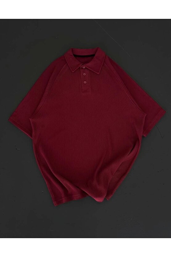 Yakalı Patlı Kısa Kol T-shirt - Bordo