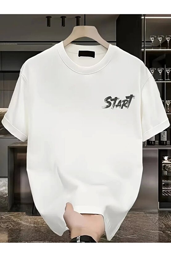 201 Penye Compack Start All Over Baskılı Oversize Bisiklet Yaka Kısa Kol Yazlık T-shirt - Beyaz