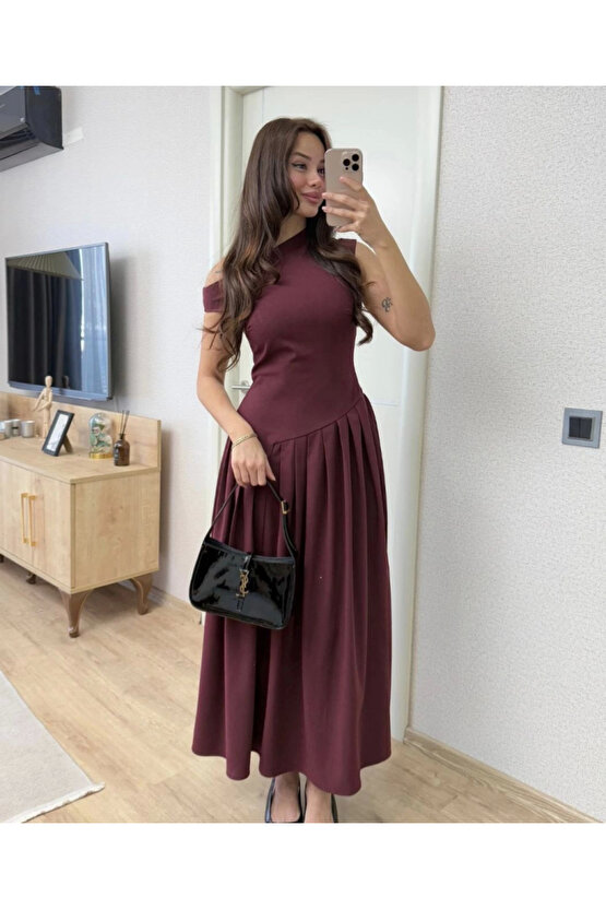 Asimetrik Düşük Yaka Kolsuz Uzun Elbise - Bordo
