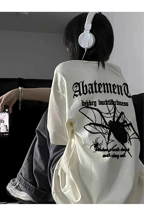 Örümcek Ağı Desenli Baskılı Oversize Bisiklet Yaka T-shirt - Beyaz