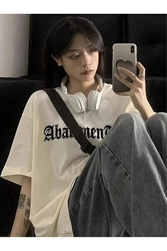 Örümcek Ağı Desenli Baskılı Oversize Bisiklet Yaka T-shirt - Beyaz